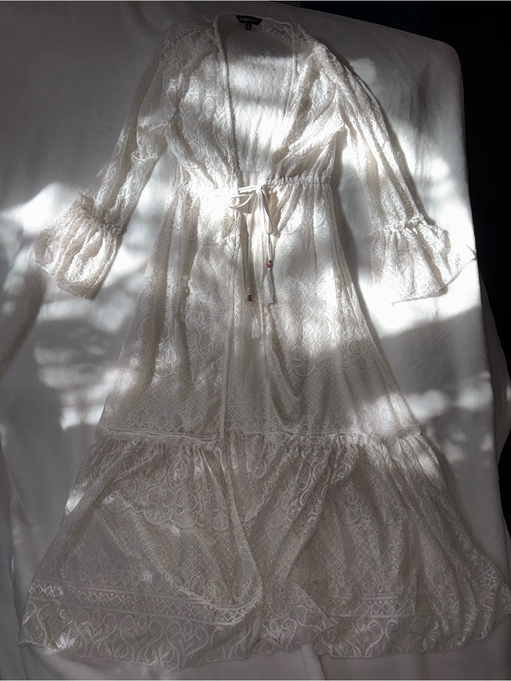 White Lace Bell-Sleeve Maxi Robe Cover-Up in Ivory